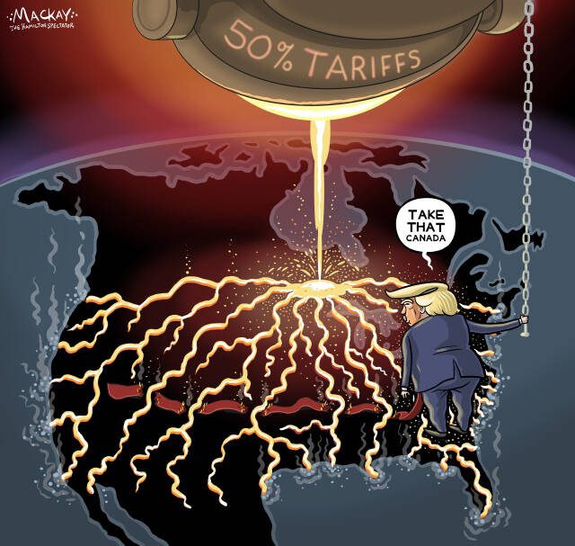Editorial Cartoon by Graeme MacKay, The Hamilton Spectator – Thursday June 5, 2025

Canada's steel industry faces turmoil as Trump's tariffs and unresolved steel dumping issues challenge North American trade relations.

A Steel Trap for North America

The recent hike in steel and aluminum tariffs by President Trump has sparked a heated debate, with the move likely to cause significant economic pain on both sides of the Canada-U.S. border. While there's no denying that steel dumping is a problem that needs addressing, the root of the issue doesn't lie in Canada. Instead, it's countries like China and South Korea that have been flooding the markets with cheap steel, creating unfair competition.

Canada has tried to tackle this, imposing tariffs on Chinese steel, but the response has been slow and insufficient. Ottawa must act more decisively to protect its industries and work in concert with the U.S. to address these challenges. However, the way forward should not involve undermining free trade agreements like the USMCA, which have long supported economic cooperation between the two nations.

News: Trump hikes steel and aluminum tariffs to 50%  https://www.theglobeandmail.com/world/article-trump-steel-aluminum-tariffs-increase/#comments

For Canada, the increased tariffs threaten to cripple industries and lead to job losses, particularly in steel-dependent regions. Meanwhile, American consumers are likely to face higher prices as manufacturers pass on the increased costs. This could have a ripple effect on various sectors, from automotive to construction.

Politically, these tariffs could serve as a means for President Trump to generate revenue to fund tax cuts that largely benefit the wealthy. In this scenario, the rich gain while everyday consumers and workers bear the brunt of the economic fallout.

The solution lies in a collaborative approach that targets the real culprits of steel dumping without resorting to damaging protectionist measures. Both Canada and th