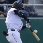 Everett AquaSox infielder Colt Emerson cracks his bat as he gets a hit during the game against the Tri-City Dust Devils on Tuesday, May 6, 2025 in Everett, Washington. (Olivia Vanni / The Herald)