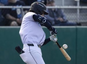 Everett AquaSox infielder Colt Emerson cracks his bat as he gets a hit during the game against the Tri-City Dust Devils on Tuesday, May 6, 2025 in Everett, Washington. (Olivia Vanni / The Herald)