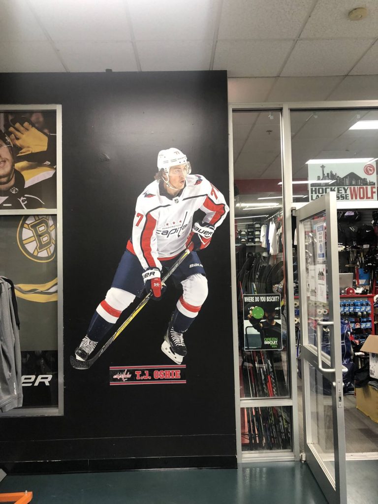 A FatHead sticker of TJ Oshie playing for the Washington Capitals is displayed at Olympicview Arena in Mountlake Terrace, Washington (Photo courtesy of Mike Murphy)