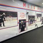 A hallway at Olympicview Arena in Mountlake Terrace, Washington commemorates TJ Oshies youth career with the Seattle Junior Hockey Association (Photo courtesy of Mike Murphy)