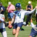 Seahawks punter Michael Dickson (4) kicks the ball during minicamp at the Virginia Mason Athletic Center in Renton on Tuesday, June 10, 2025. (Photo courtesy of Edwin Hooper / Seattle Seahawks)