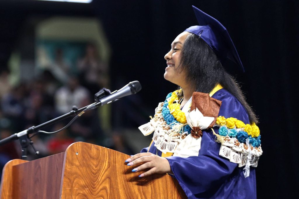 Everett High School graduate Deborah Vasuilakeba during Everett High Schools 2025 commencement on Saturday at Angel of the Winds Arena in Everett. (Mike Henneke / The Herald)