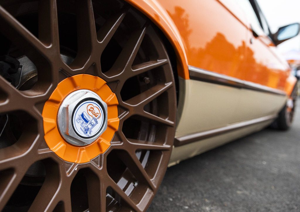 A car with Dicks Drive-In hubcap details is parked in the parking lot of the new Everett location on Thursday, June 12, 2025 in Everett, Washington. (Olivia Vanni / The Herald)