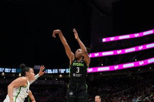Nneka Ogwumike releases a shot against the Minnesota Lynx at Climate Pledge Arena on June 11, 2025. (Photo courtesy of the Seattle Storm)