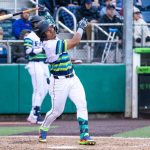 Michael Arroyo hit a 2-run home run for the Everett AquaSox in an 11-4 loss to the Tri-City Dust Devils at Funko Field on Thursday, June 12, 2025. (Photo courtesy of Shari Sommerfeld / Everett AquaSox)