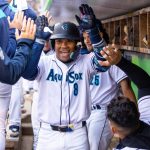 Everett AquaSox infielder Michael Arroyo receives high-fives in the dugout during Everett's 8-1 win against Tri-City at Funko Field in Everett, Washington on June 13, 2025. The 20-year-old Colombia native had two home runs and a career-high six RBI. (Shari Sommerfeld / Everett AquaSox)