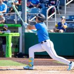 AquaSox infielder Luis Suisbel follows through on a two-run home run during Everett's 13-1 win against Tri-City at Funko Field in Everett, Washington on June 15, 2025. The Valencia, Venezuela native hit two of Everett's five homers on the afternoon. (Shari Sommerfeld / Everett AquaSox)