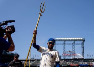 J.P. Crawford of the Seattle Mariners celebrates after the game against the Cleveland Guardians at T-Mobile Park on June 15, 2025, in Seattle. The Mariners won 6-0. (Stephen Brashear / Getty Images / Tribune News Services)
