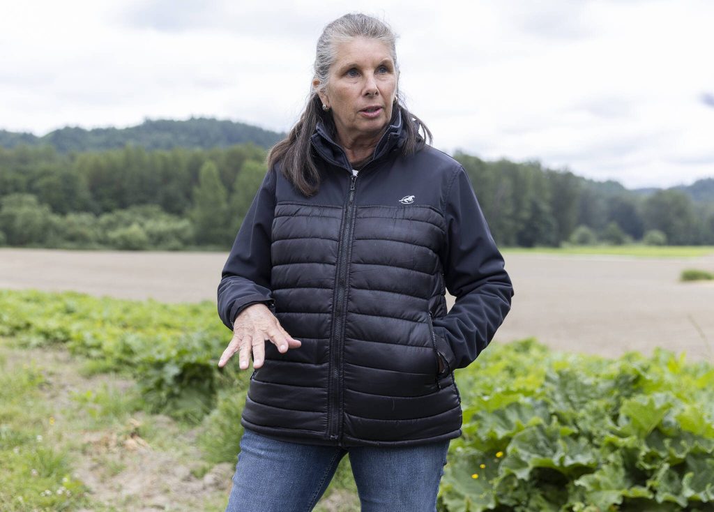 Linda Neunzig talks about the different technologies available to farmers in the Snohomish River watershed on Friday, June 13, 2025 in Snohomish, Washington. (Olivia Vanni / The Herald)
