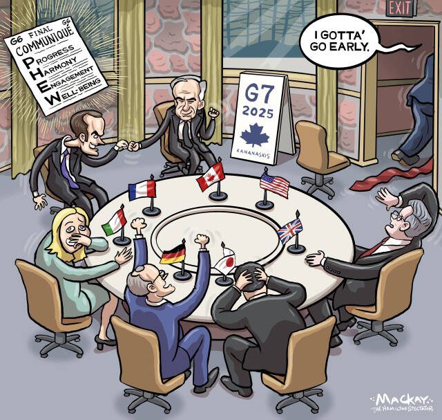 Editorial Cartoon by Graeme MacKay, The Hamilton Spectator – Wednesday June 18, 2025

Trump's early departure from the G7 Summit raises questions about U.S. commitment to global affairs and leaves other leaders to navigate critical discussions without him.

Trump's G7 Exit: Same Play, Different Day

Donald Trump's early exit from the 2025 G7 Summit in Kananaskis serves as a reminder that this tendency is not new. It resurrects questions about the United States' engagement in global affairs under his leadership, highlighting a pattern of ambiguity that has characterized Trump's presidency and its impact on international relations.

From his abrupt departure during the 2018 Canadian-hosted summit to leaving the recent G7 meeting, Trump's actions often puzzle observers and allies alike. The official reason for his hasty exit—the escalating Middle East conflict—contrasts sharply with his stated disinterest in negotiating peace, leaving the international community in a state of uncertainty about America's role in the crisis between Iran and Israel.

Opinion: Even when he’s smiling, Trump stands apart  https://www.theglobeandmail.com/politics/opinion/article-trump-g7-summit/ 

The summit in Kananaskis, hosted by Canadian Prime Minister Mark Carney, aimed to address pressing global challenges, including the ongoing conflicts in Ukraine and Gaza. Ukrainian President Volodymyr Zelenskyy sought international support for tougher measures against Russia, amidst Trump's approval of limited military aid to Ukraine. However, Trump's absence from direct discussions with Zelenskyy underscores a missed opportunity for reaffirming U.S. commitment to Ukraine, further complicating diplomatic efforts.

This behaviour reflects a broader dilemma within U.S. foreign policy under Trump, fluctuating between the "America First" mantra that propelled him to power and the nation's historic role as a leader in global affairs. The inconsistency creates an impression of a schizophrenic fore
