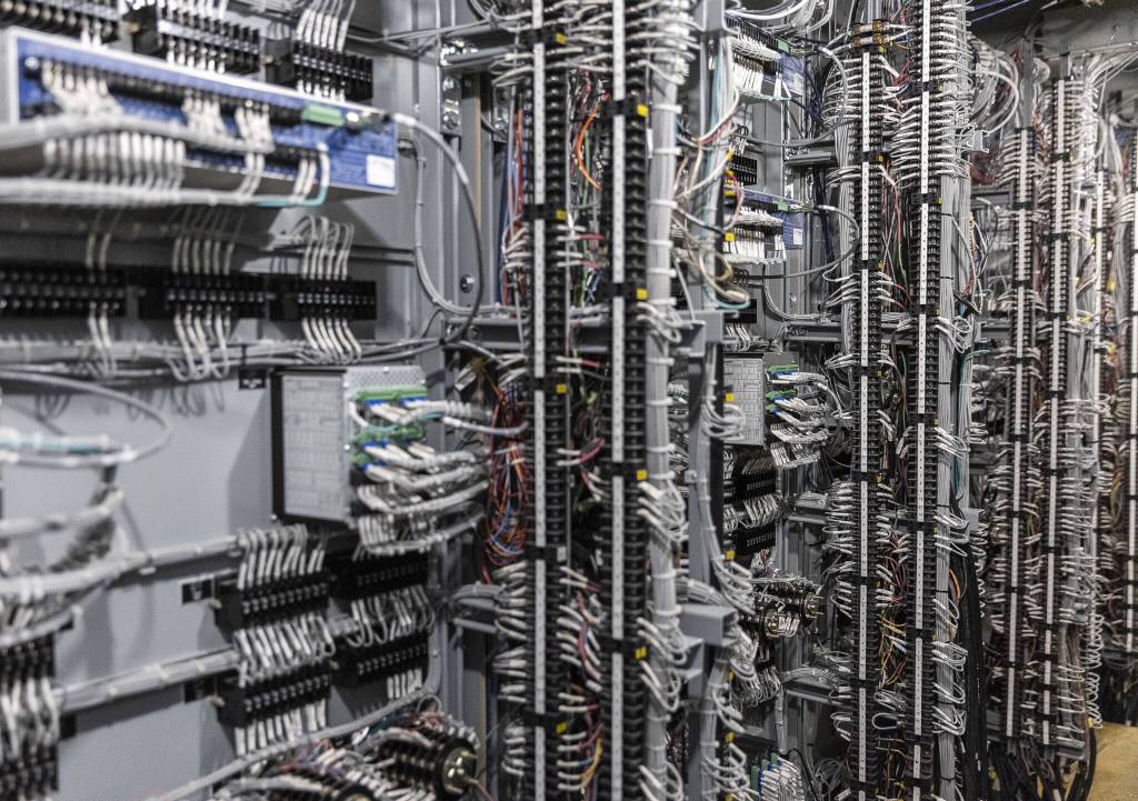 Extensive wiring behind the control panel at the Henry M. Jackson Hydroelectric Project on Wednesday, June 18, 2025 in Sultan, Washington. (Olivia Vanni / The Herald)
