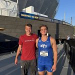 Parker Duskin (left) and Jaden Roskelley pose outside Hayward Field following the 2025 NCAA Outdoor Track & Field National Championships, which took place in Eugene, Oregon from June 11-14. The two graduated a year apart from Arlington High School, and Duskin competed for Washington State while Roskelley competes for BYU. (Photo courtesy of Jaden Roskelley)