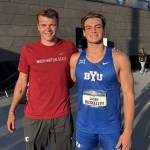 Parker Duskin (left) and Jaden Roskelley pose outside Hayward Field following the 2025 NCAA Outdoor Track & Field National Championships, which took place in Eugene, Oregon from June 11-14. The two graduated a year apart from Arlington High School, and Duskin competed for Washington State while Roskelley competes for BYU. (Photo courtesy of Jaden Roskelley)