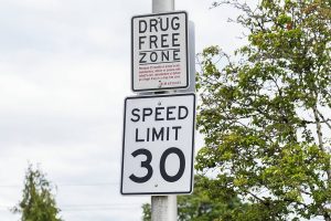 A Drug Free Zone sign visible along Colby Avenue on Wednesday, June 25, 2025 in Everett, Washington. (Olivia Vanni / The Herald)