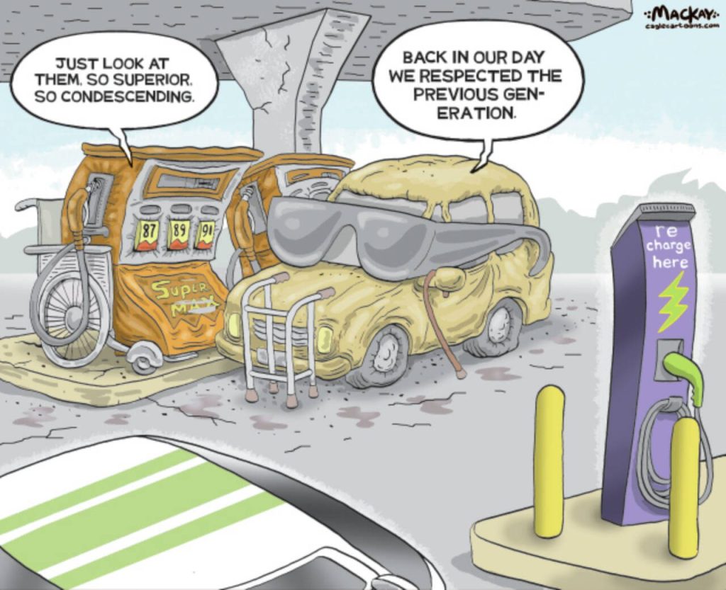Editorial Cartoon by Graeme MacKay, The Hamilton Spectator – Thursday June 19, 2025

Fossil Fuel sector laments global shift toward electric vehicles

This cartoon was originally publish Thursday November 29, 2018

EV, green transition, fossil fuels, gas, gasoline, electric, cars, autos, innovation, transportation, dirty, clean, energy