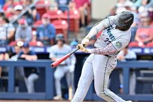 Everett AquaSox right fielder Lazaro Montes hit a two-run home run against the Spokane Indians at Avista Stadium on Sunday, June 23, 2025 in Spokane. (Photo courtesy of James Snook)