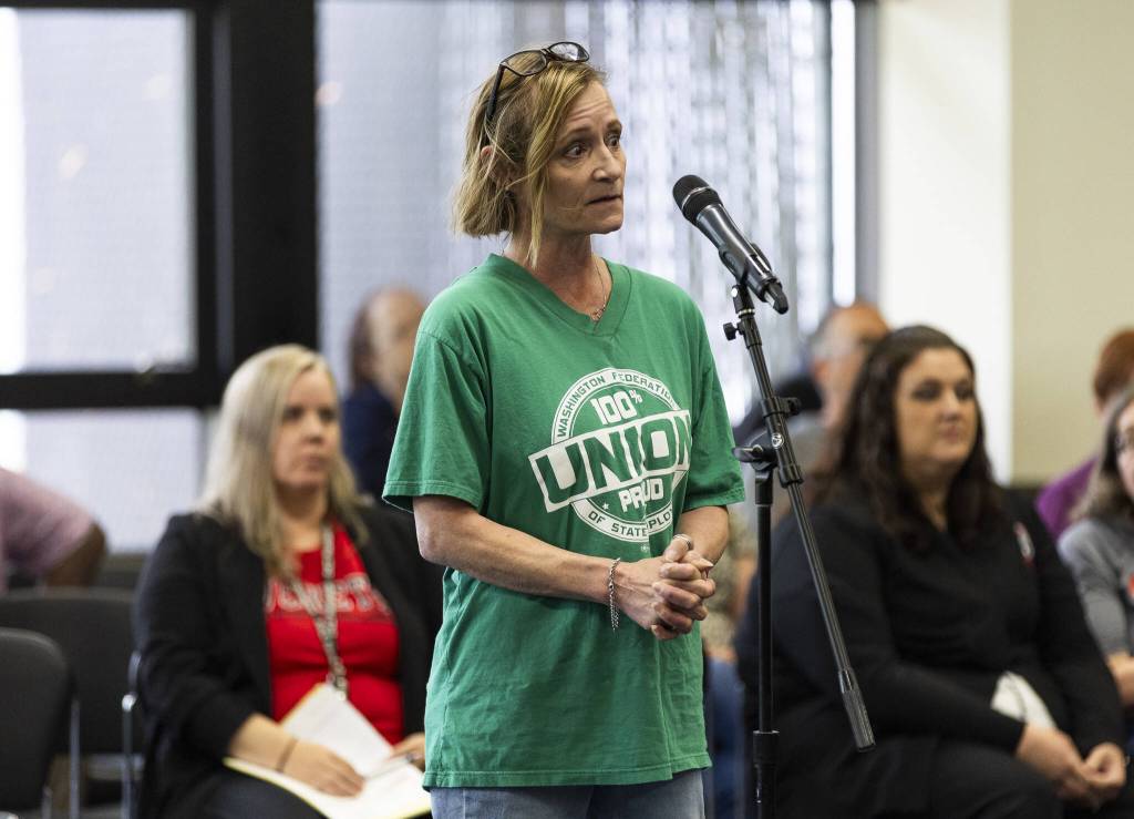 Laura Matthews, a former Early Learning Center teacher, speaks to the Everett Community College Board during a meeting on Thursday, June 26, 2025 in Everett, Washington. (Olivia Vanni / The Herald)