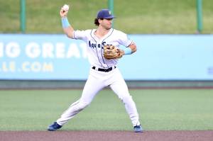 AquaSox infielder Charlie Pagliarini makes a put-out throw to first base during Everett's 12-5 loss to the Eugene Emeralds at Funko Field on Tuesday. (Evan Morud / Everett AquaSox)