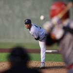 Everett AquaSox pitcher Jurrangelo Cijntje throws against the Spokane Indians at Funko Field on May 31, 2025. (Photo courtesy of Evan Morud / Everett AquaSox)