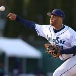 Everett AquaSox pitcher Jurrangelo Cijntje throws against the Spokane Indians at Funko Field on May 31, 2025. (Photo courtesy of Evan Morud / Everett AquaSox)