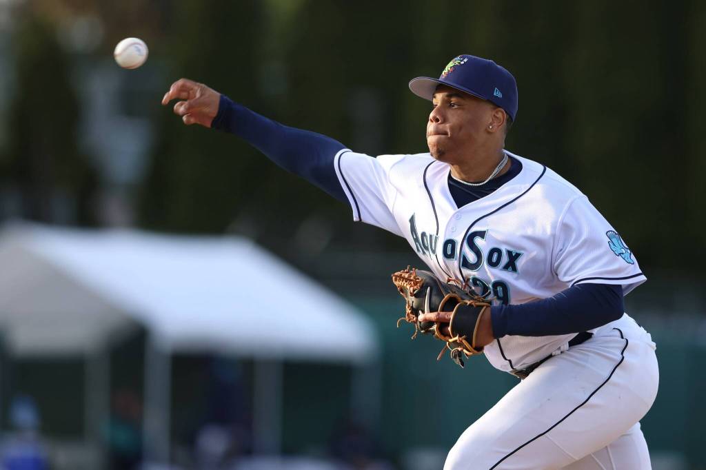 Everett AquaSox pitcher Jurrangelo Cijntje throws against the Spokane Indians at Funko Field on May 31, 2025. (Photo courtesy of Evan Morud / Everett AquaSox)