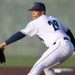 Everett AquaSox pitcher Jurrangelo Cijntje throws against the Spokane Indians at Funko Field on May 31, 2025. (Photo courtesy of Evan Morud / Everett AquaSox)