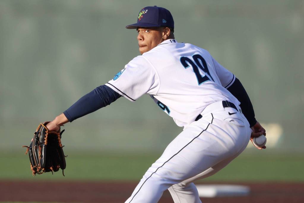 Everett AquaSox pitcher Jurrangelo Cijntje throws against the Spokane Indians at Funko Field on May 31, 2025. (Photo courtesy of Evan Morud / Everett AquaSox)