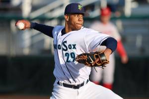 Everett AquaSox pitcher Jurrangelo Cijntje throws against the Spokane Indians at Funko Field on May 31, 2025. (Photo courtesy of Evan Morud / Everett AquaSox)