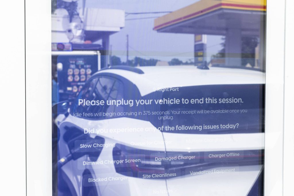 The Skycharger station alerts drivers to unplug their car after charing on Tuesday, June 24, 2025 in Arlington, Washington. (Olivia Vanni / The Herald)