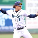 AquaSox infielder Luis Suisbel makes a throw in Everetts 9-4 loss to the Eugene Emeralds at Funko Field on Wednesday. (Photo Courtesy: Evan Morud / Everett AquaSox)