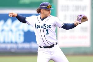 AquaSox infielder Luis Suisbel makes a throw in Everett's 9-4 loss to the Eugene Emeralds at Funko Field on Wednesday. (Photo Courtesy: Evan Morud / Everett AquaSox)