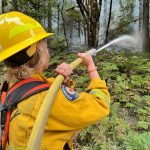 A firefighter with Sky Valley Fire sprays water on a hotspot Wednesday, Sept. 14, 2022, along U.S. 2 as the Bolt Creek fire continues to burn between Index and Skykomish. (Peter Mongillo / Snohomish Regional Fire and Rescue)