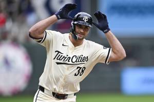 Matt Wallner of the Minnesota Twins celebrates as he rounds the bases after hitting a two-run home run against the Seattle Mariners in the sixth inning at Target Field on Thursday, June 26, 2025, in Minneapolis. (Stephen Maturen / Getty Images / Tribune News Services)