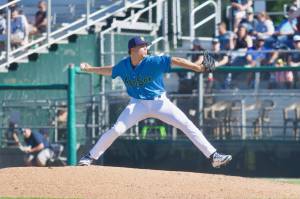 AquaSox pitcher Evan Truitt throws a pitch during Everett's 19-8 loss to the Eugene Emeralds at Funko Field on Sunday. The 22-year-old right-hander allowed a grand slam in the fourth inning, the third one given up by the AquaSox this week. (Joe Pohoryles / The Herald)