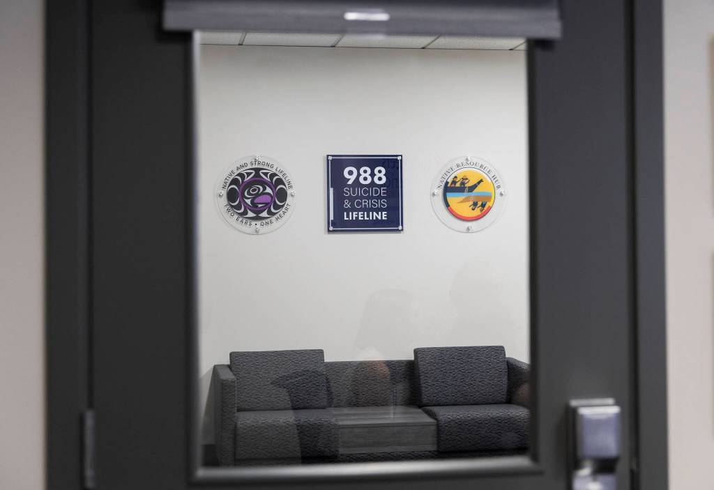 Inside the office of Volunteers of America Western Washington hotline center on Monday, June 30, 2025 in Everett, Washington. (Olivia Vanni / The Herald)