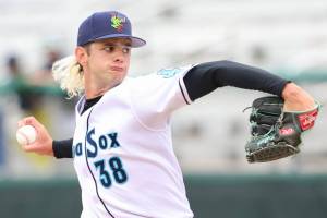 AquaSox pitcher Taylor Dollard winds up for a pitch in Everett's 9-4 loss to the Eugene Emeralds at Funko Field on June 25, 2025. (Photo courtesy of Evan Morud / Everett AquaSox)