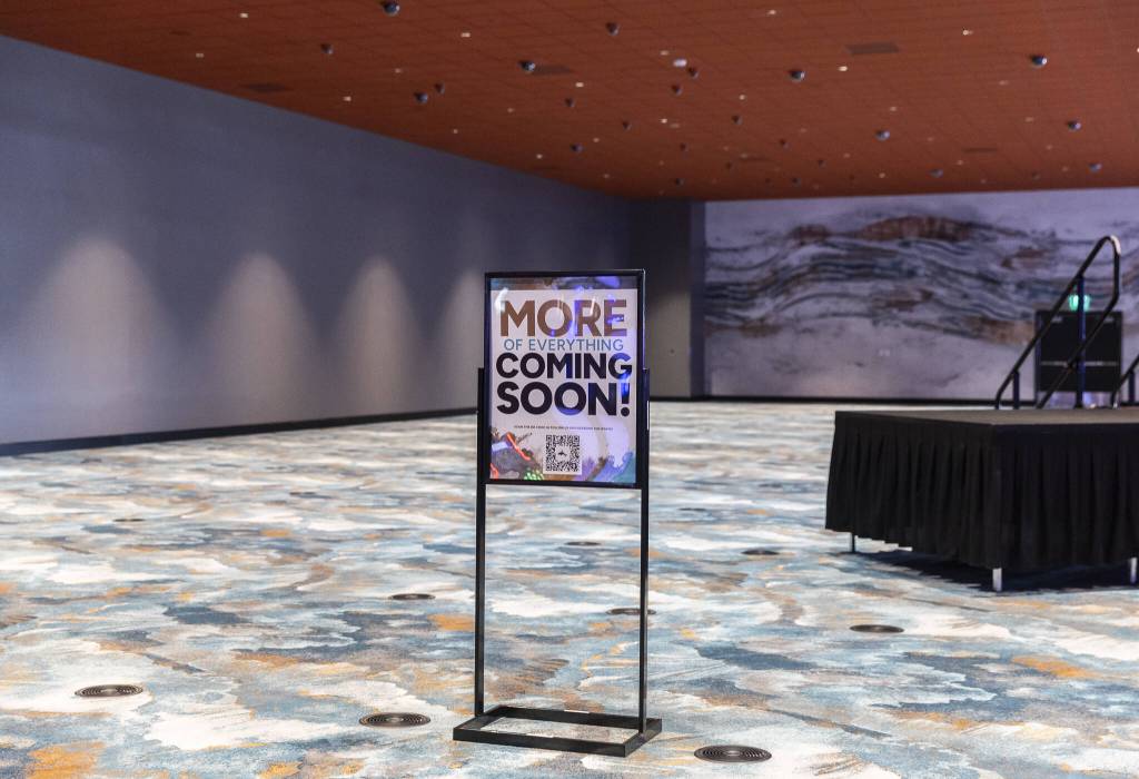 A sign announcing more of everything coming soon on display in an empty part of the Tulalip Resort Casino expansion on Thursday, July 3, 2025 in Tulalip, Washington. (Olivia Vanni / The Herald)