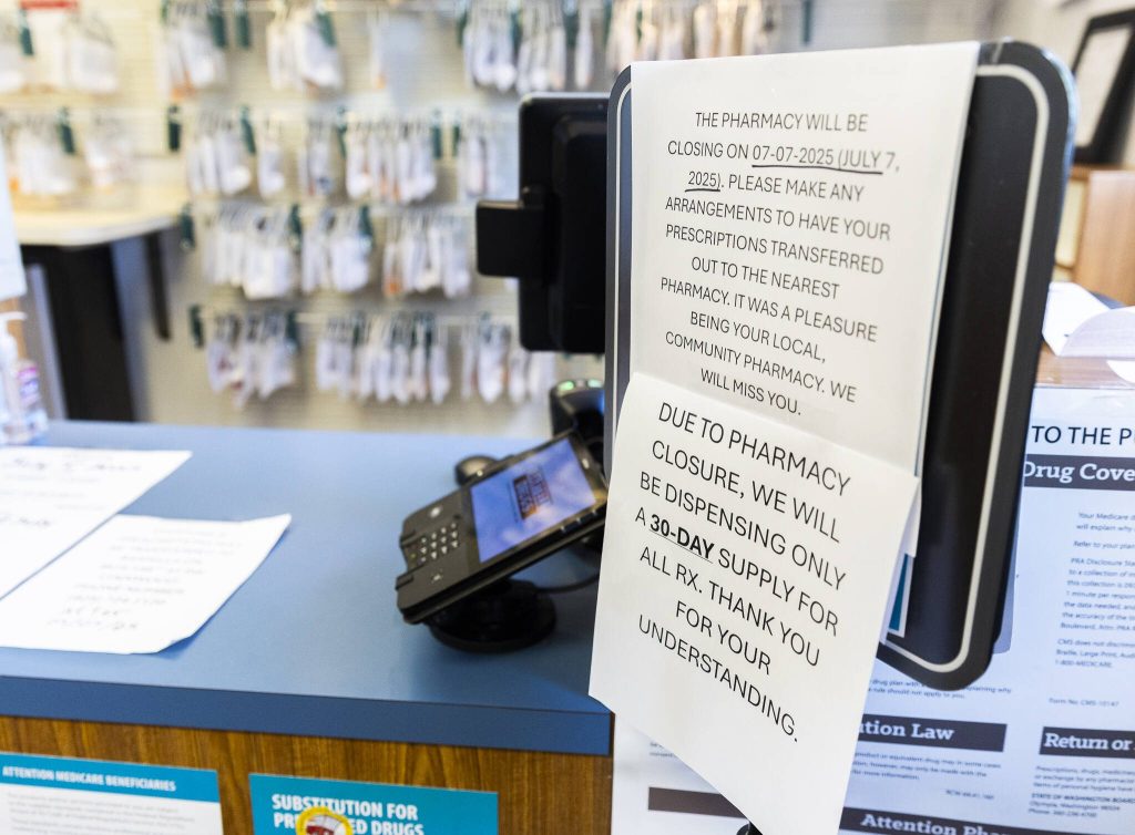 Signs alert customers to the closure of Bartell Drugs Pharmacy along Hoyt Avenue on Wednesday, July 2, 2025 in Everett, Washington. (Olivia Vanni / The Herald)