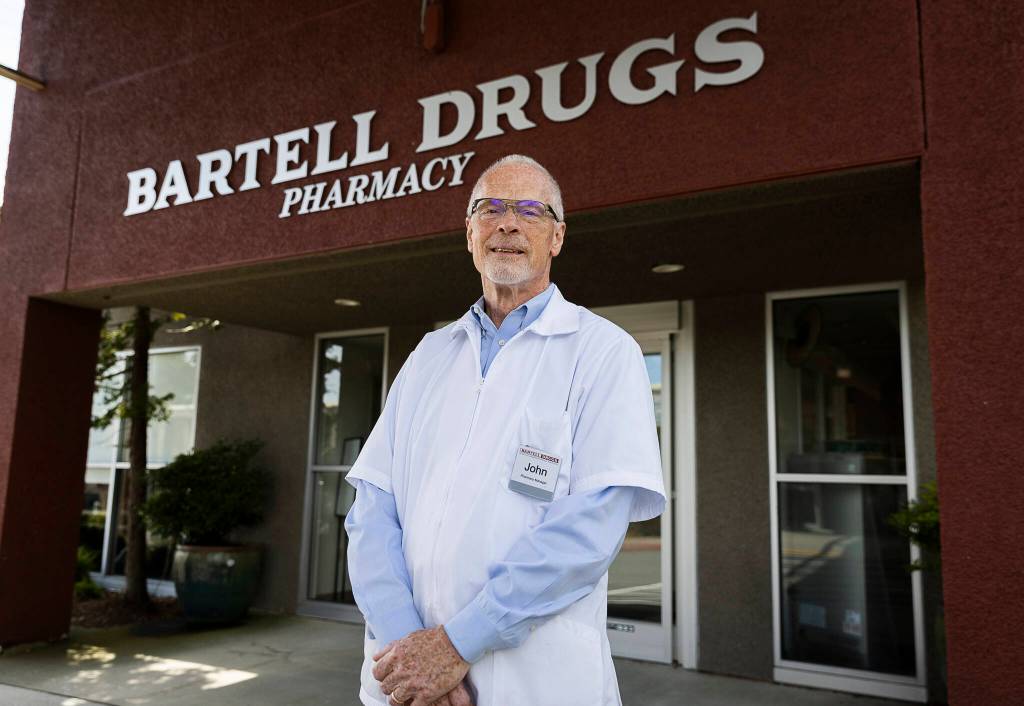 PHOTOS BY Olivia Vanni / The Herald
Pharmacist John Sontra outside of Bartell Drugs Pharmacy along Hoyt Avenue on Wednesday in Everett.