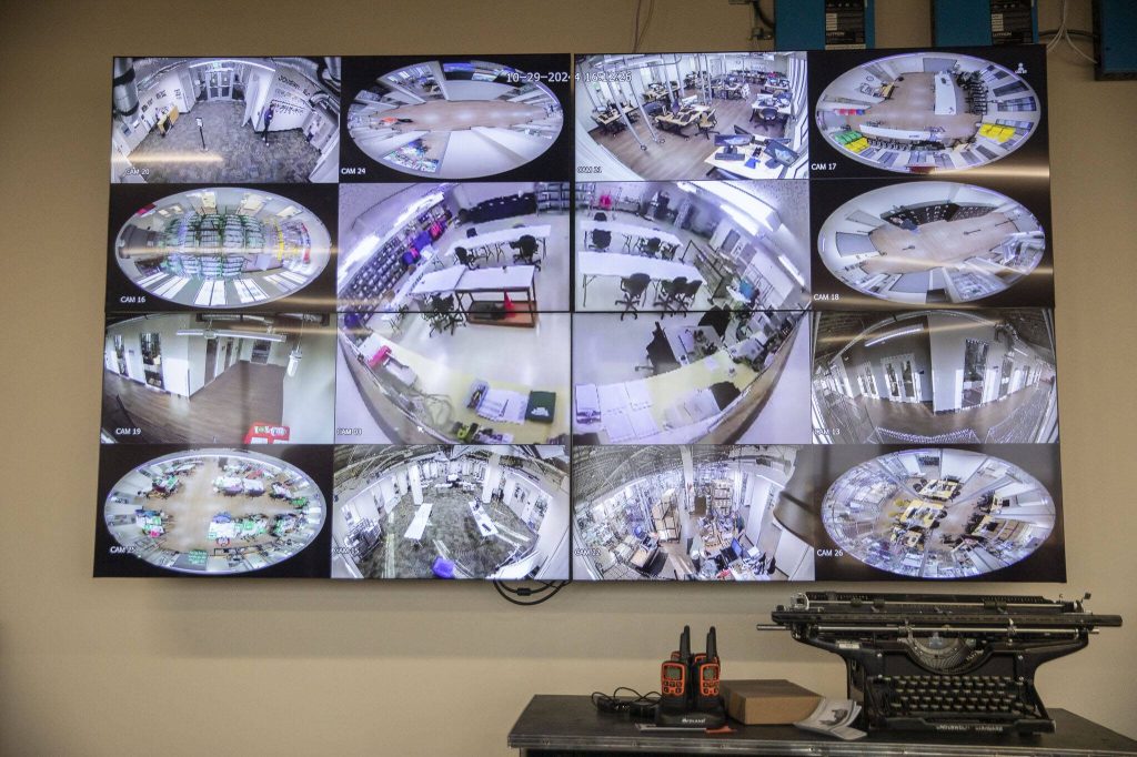 A live feed of security cameras inside the Snohomish County Elections office on Tuesday, Oct. 29, 2024 in Everett , Washington. (Olivia Vanni / The Herald)