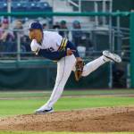 AquaSox pitcher Jurrangelo Cijntje follows through on a pitch during Everett's 3-0 loss to the Vancouver Canadians at Funko Field on July 5, 2025. (Joe Pohoryles / The Herald)