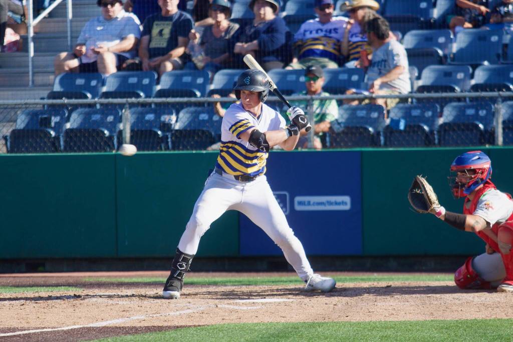 AquaSox infielder Colt Emerson watches a pitch go by for a ball during Everetts 4-3 loss to the Vancouver Canadians at Funko Field on July 6, 2025. (Joe Pohoryles / The Herald)