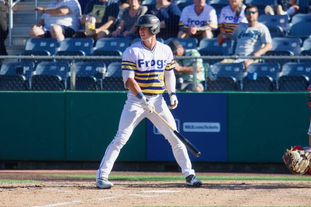 AquaSox outfielder Carson Jones gets settled in the batters box during Everetts 4-3 loss to the Vancouver Canadians at Funko Field on July 6, 2025. (Joe Pohoryles / The Herald)