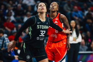 Seattle Storm forward Alysha Clark (32) and Aces guard Jewell Loyd (24) guard each other during a free throw in a WNBA basketball game between the Aces and the Seattle Storm at Michelob ULTRA Arena Friday, June 20, 2025, in Las Vegas. (Madeline Carter / Las Vegas Review-Journal / Tribune News Services)
