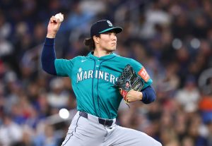 Bryan Woo of the Seattle Mariners delivers a pitch in the first inning against the Toronto Blue Jays at Rogers Centre on Friday, April 18, 2025, in Toronto. (Vaughn Ridley / Getty Images / Tribune News Services)