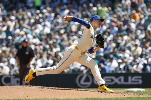 George Kirby (68) of the Seattle Mariners pitches in the third inning against the Pittsburgh Pirates at T-Mobile Park on Sunday, July 6, 2025, in Seattle. (Alika Jenne / Getty Images / Tribune News Services)