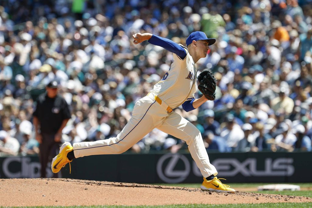 George Kirby (68) of the Seattle Mariners pitches in the third inning against the Pittsburgh Pirates at T-Mobile Park on Sunday in Seattle. (Alika Jenne / Getty Images / Tribune News Services)
