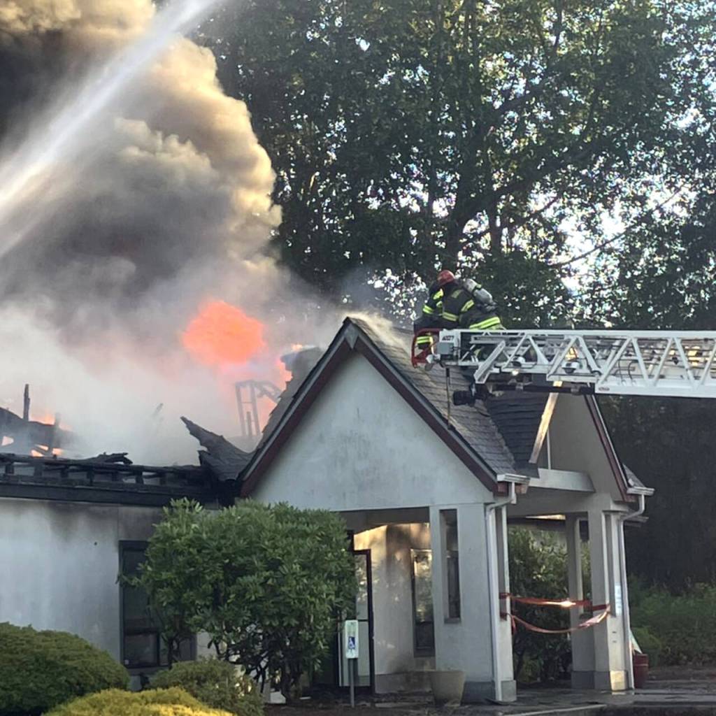 South County firefighters on the scene of a commercial structure fire Sunday evening in Lynnwood, Washington, on July 6, 2025. (South County Fire)