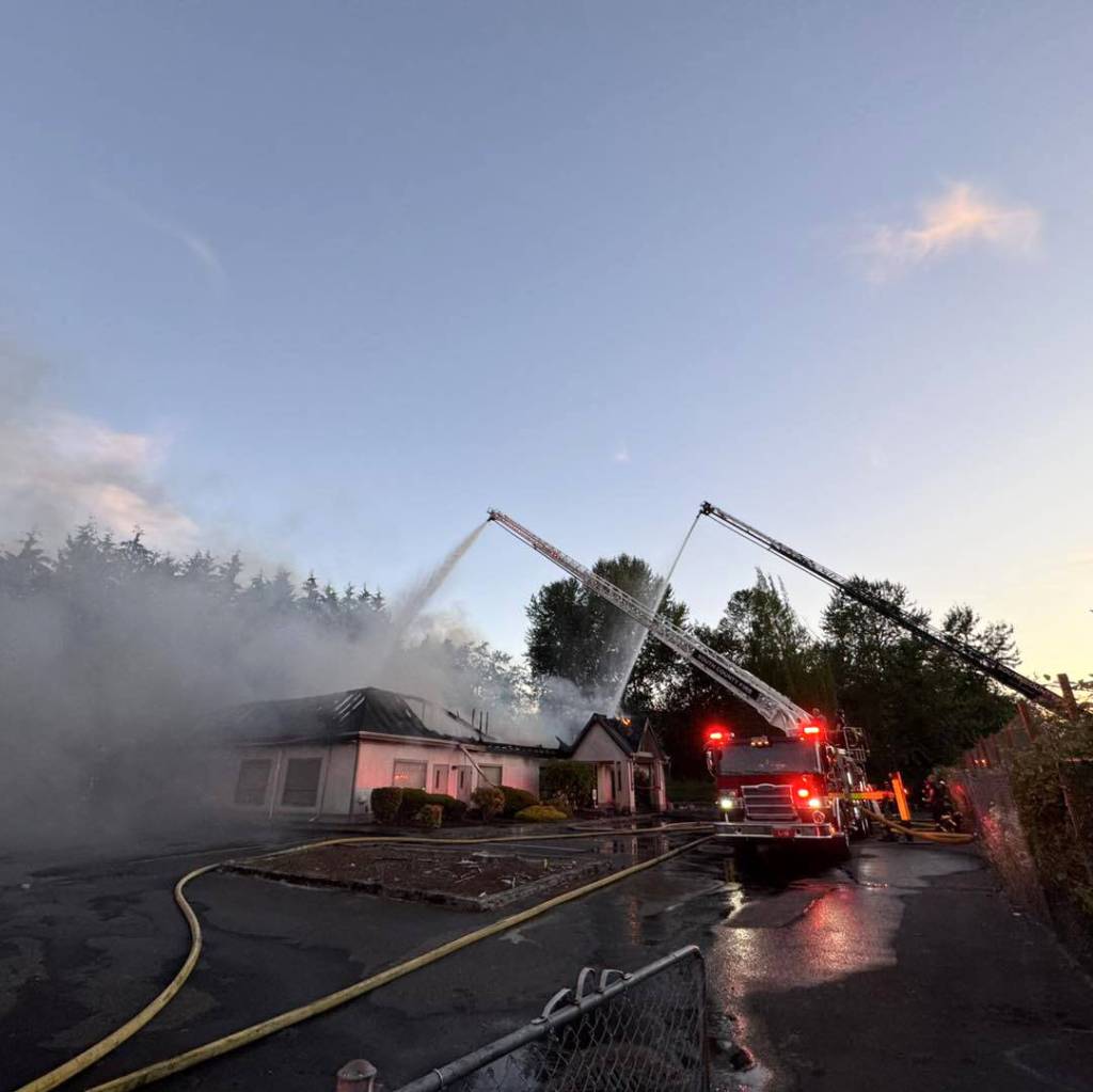 South County firefighters on the scene of a commercial structure fire Sunday evening in Lynnwood, Washington, on July 6, 2025. (South County Fire)